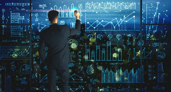 Dessin homme d'affaires avec des statistiques arrière-plan — Photo