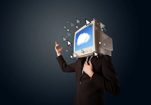 Geschäftsmann mit Monitor auf dem Kopf, Cloud-System und Pointer — Stockfoto