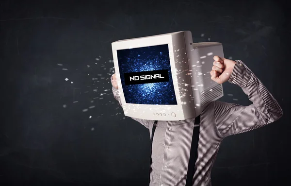 Man with a monitor head, no signal sign on the display — Stock Photo, Image