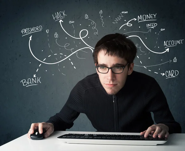 Young hacker with white drawn line thoughts — Stock Photo, Image