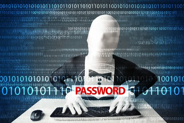 Hacker in morph 3d mask stealing password — Stock Photo, Image