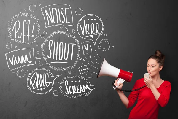 Girl yelling into megaphone and hand drawn speech bubbles come o — Stock Photo, Image