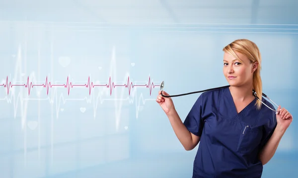 Behoorlijk medische dokter luistert naar rode pols en hartslag. — Stockfoto