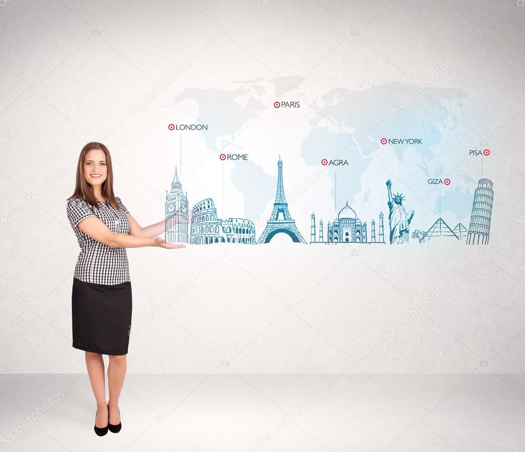 Business woman presenting map with famous cities and landmarks