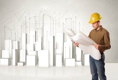 Arkaplanda 3D binalar inşa eden inşaat işçisi. 