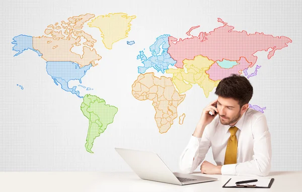 Business man with colorful world map background — Stock Photo, Image
