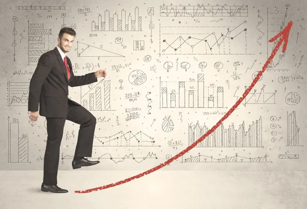 Business man climbing on red graph arrow concept — Stock Photo, Image