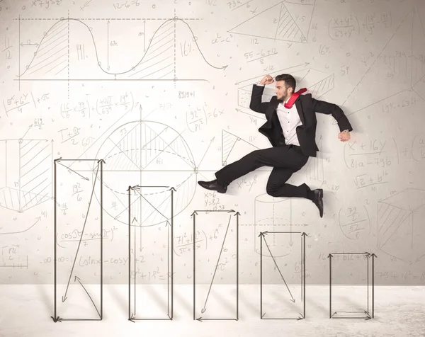 Fast business man jumping up on hand drawn charts — Stock Photo, Image