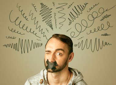 Young man with glued mouth and curly lines clipart