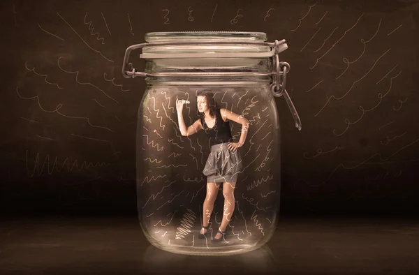 Businesswoman inside a jar with powerful hand drawn lines concep — Stock Photo, Image