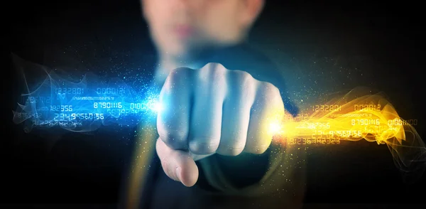 Man holding colorful glowing data in his hands — Stock Photo, Image