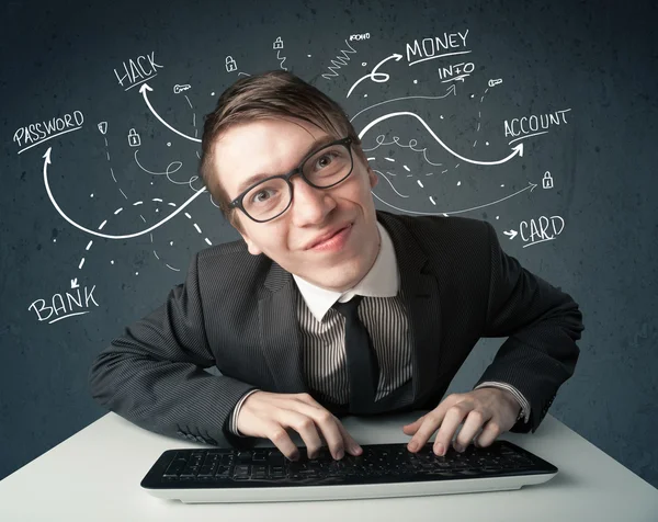 Young hacker with white drawn line thoughts — Stock Photo, Image