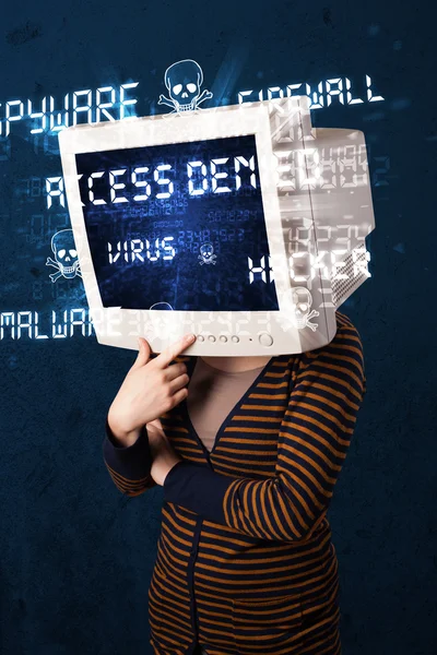 Monitorizați persoana cap cu tipul de hacker de semne pe ecran — Fotografie, imagine de stoc