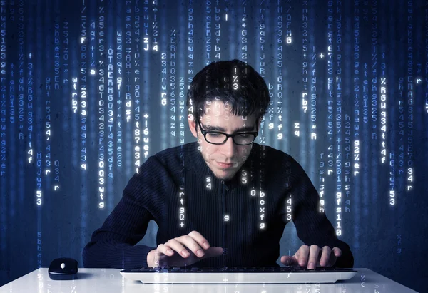 Hacker decoding information from futuristic network technology — Stock Photo, Image