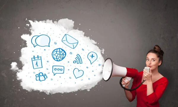 Woman shouting into loudspeaker and modern blue icons and symbol — Stock Photo, Image