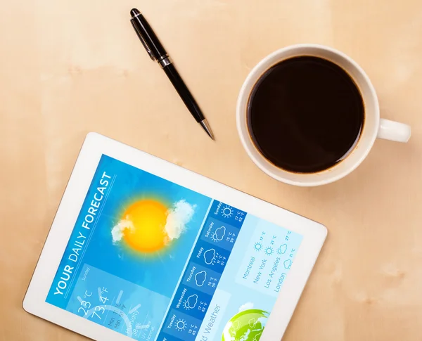 Tablet PC que muestra el pronóstico del tiempo en pantalla con una taza de café — Foto de Stock