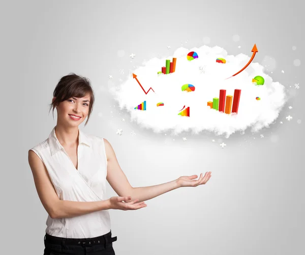 Young woman presenting cloud with graphs and charts — Stock Photo, Image