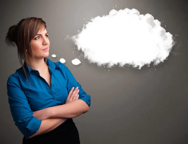 Pretty lady thinking about cloud speech or thought bubble with c — Stock Photo, Image