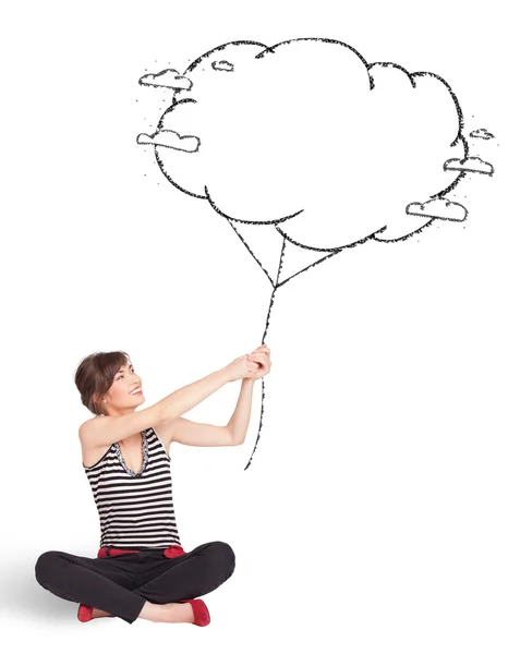 Jonge dame met wolk ballon tekening — Stockfoto