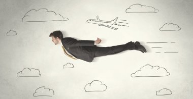 Cheerful business person flying between hand drawn sky clouds clipart