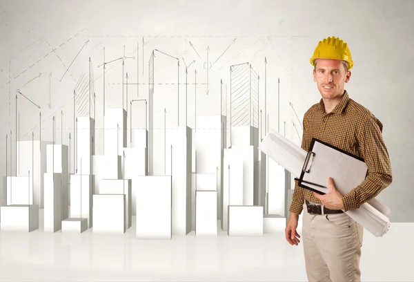Obrero de la construcción cepillado con edificios 3d en segundo plano — Foto de Stock