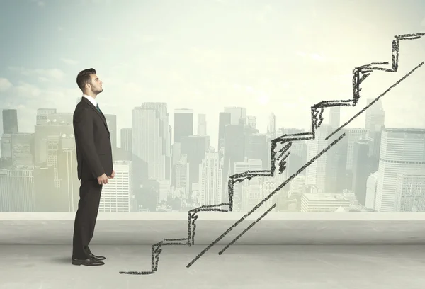 Business man climbing up on hand drawn staircase concept — Stock Photo, Image