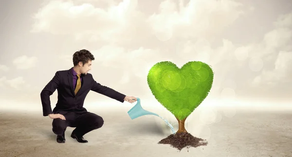 Homem de negócios molhando coração em forma de árvore verde — Fotografia de Stock