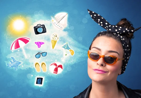 Happy joyful woman with sunglasses looking at summer icons — Stock Photo, Image