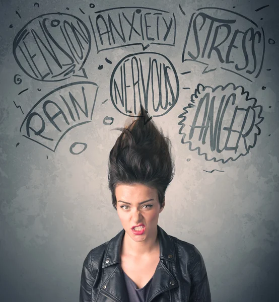 Mad young woman with extreme haisrtyle and speech bubbles — Stock Photo, Image