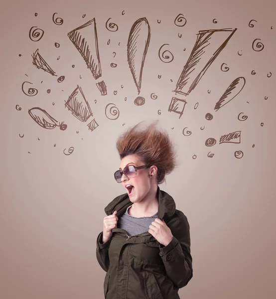 Young woman with hair style and hand drawn exclamation signs — Stock Photo, Image