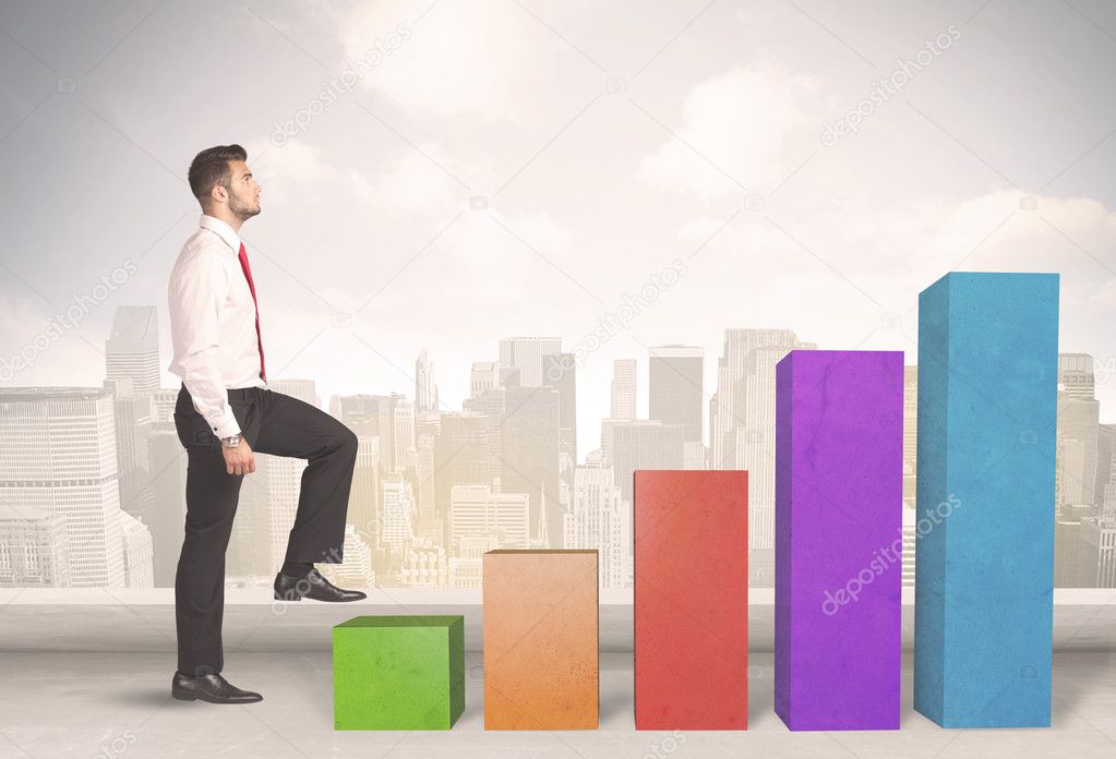 Business person climbing up on colourful chart pillars concept