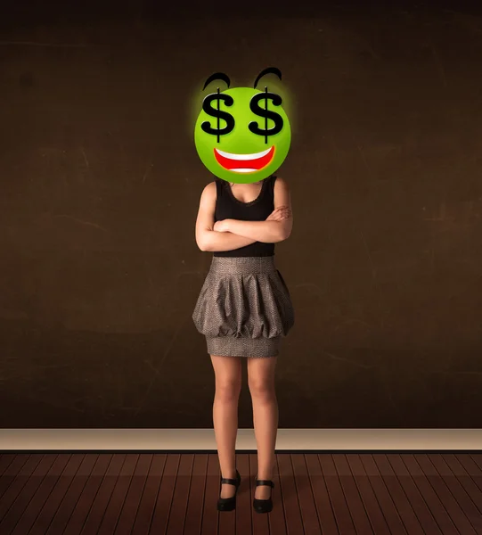 Vrouw met dollarteken smileygezicht — Stockfoto