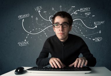 Beyaz çizgili düşünceleri olan genç bir hacker.