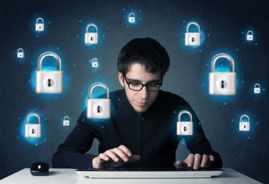 sanal kilit simgeleri ve simge ile genç hacker
