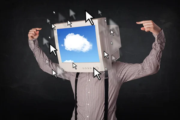 Geschäftsmann mit Monitor auf dem Kopf, Cloud-System und Pointer — Stockfoto