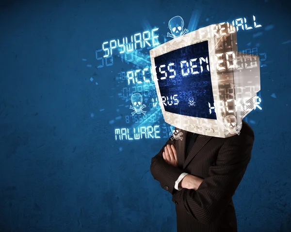 Monitor head person with hacker type of signs on the screen — Stock Photo, Image