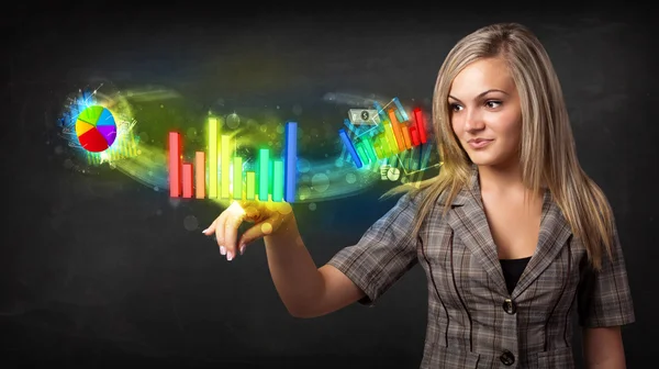 Young businesswoman touching colorful modern graph system concep — Stock Photo, Image