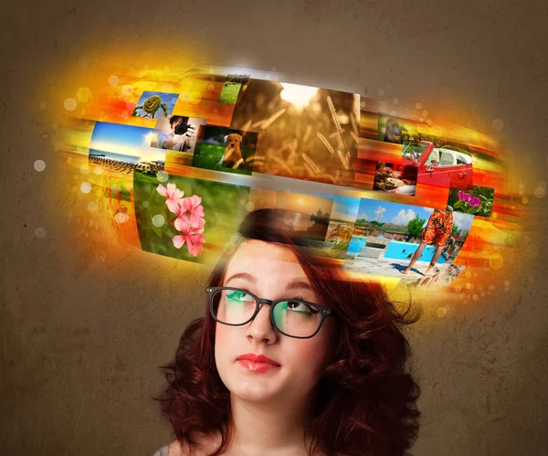 Girl with colorful glowing photo memories concept — Stock Photo, Image