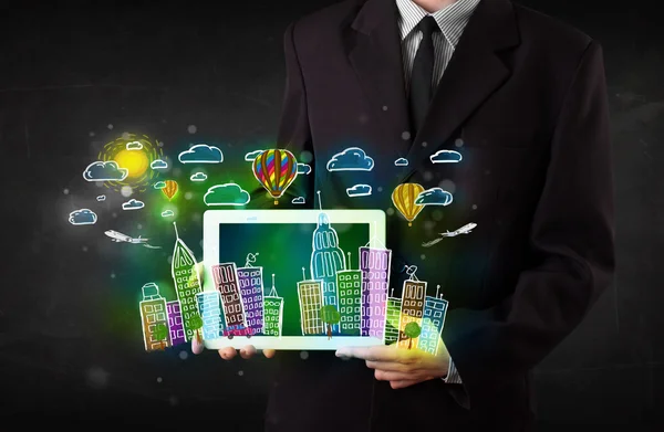 Young person showing tablet with hand drawn cityscape — Stock Photo, Image