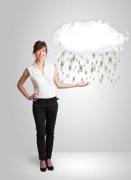 Woman with cloud and money rain concept — Stock Photo, Image