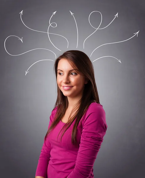 Chica joven pensando con flechas sobre la cabeza — Foto de Stock