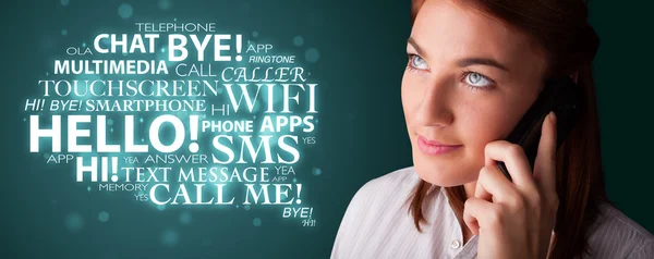 Young girl calling by phone with word cloud — Stock Photo, Image