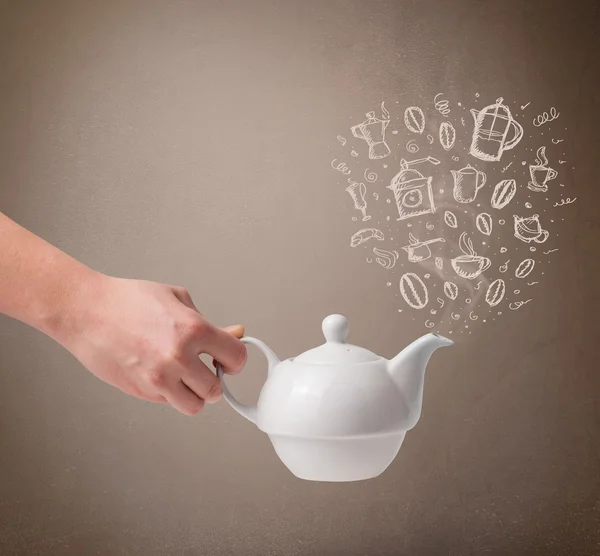 Teekanne mit handgezogenem Küchenzubehör — Stockfoto
