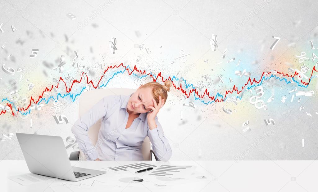 Business woman sitting at table with stock market graph 