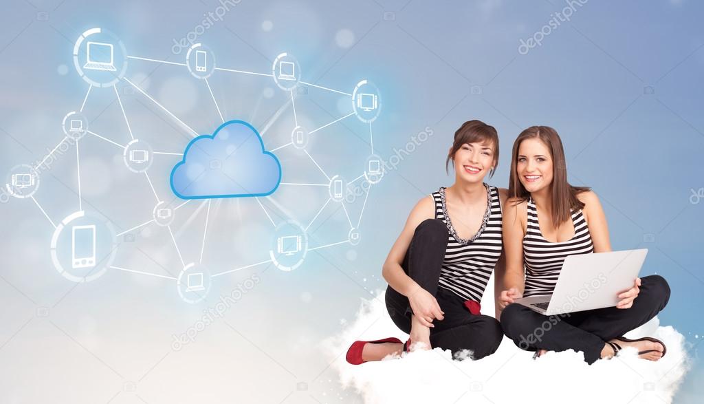 Happy women sitting on clous with cloud computing
