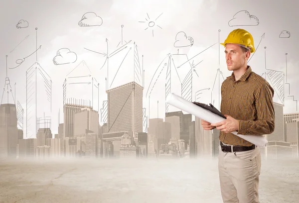 Business engineer planing at construction site with city backgro — Stock Photo, Image