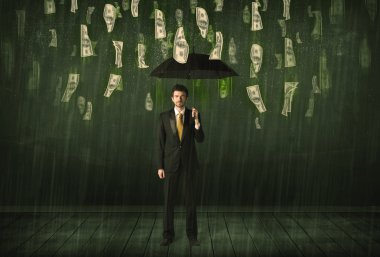 Bir dolar yağmur konseptinde şemsiyesi olan bir iş adamı
