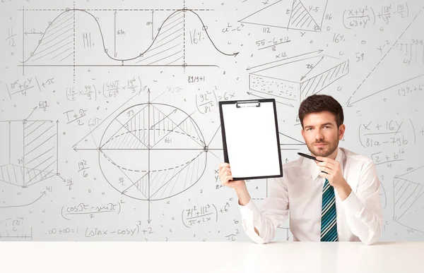 Businessman with business calculations background — Stock Photo, Image