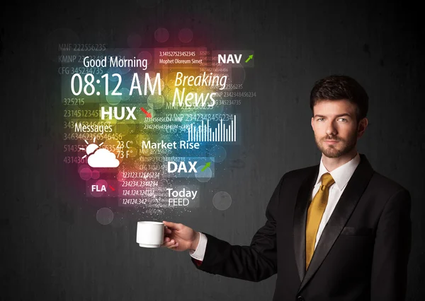 Businessman holding a white cup with daily news and information — Stock Photo, Image