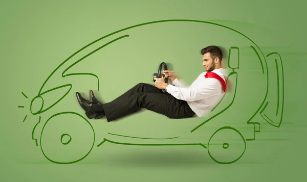 Man drives an eco friendy electric hand drawn car — Stock Photo, Image